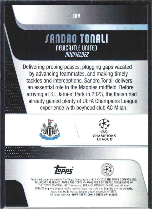 Sandro Tonali – 2025-26 Topps Chrome UEFA Club Competitions #109 – baksida