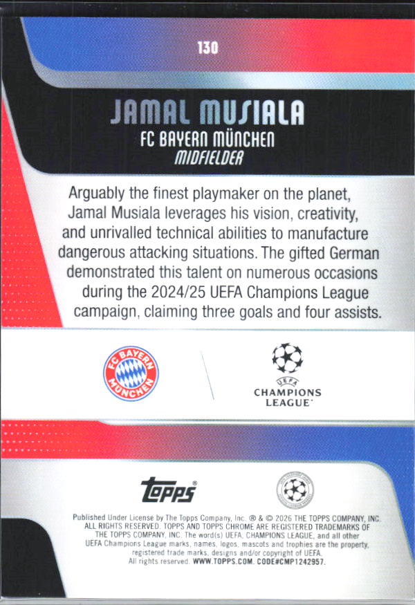 Jamal Musiala – 2025-26 Topps Chrome UEFA Club Competitions #130 – baksida
