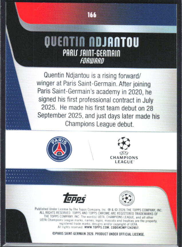 Quentin Ndjantou – 2025-26 Topps Chrome UEFA Club Competitions #166 – baksida