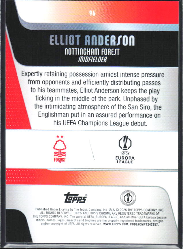 Elliot Anderson – 2025-26 Topps Chrome UEFA Club Competitions #96 – baksida