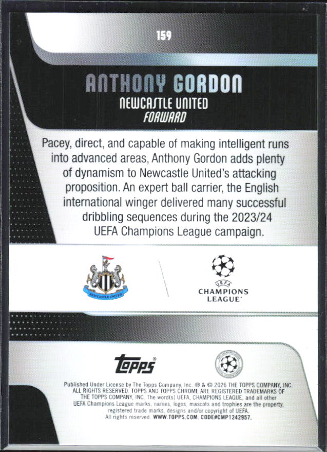 Anthony Gordon – 2025-26 Topps Chrome UEFA Club Competitions #159 – baksida