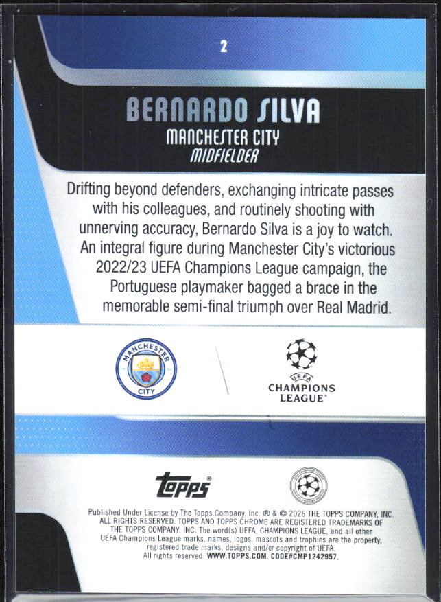 Bernardo Silva – 2025-26 Topps Chrome UEFA Club Competitions #2 – baksida