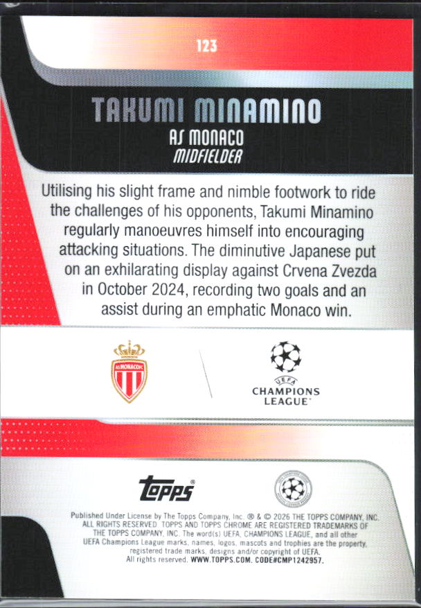 Takumi Minamino – 2025-26 Topps Chrome UEFA Club Competitions #123 – baksida