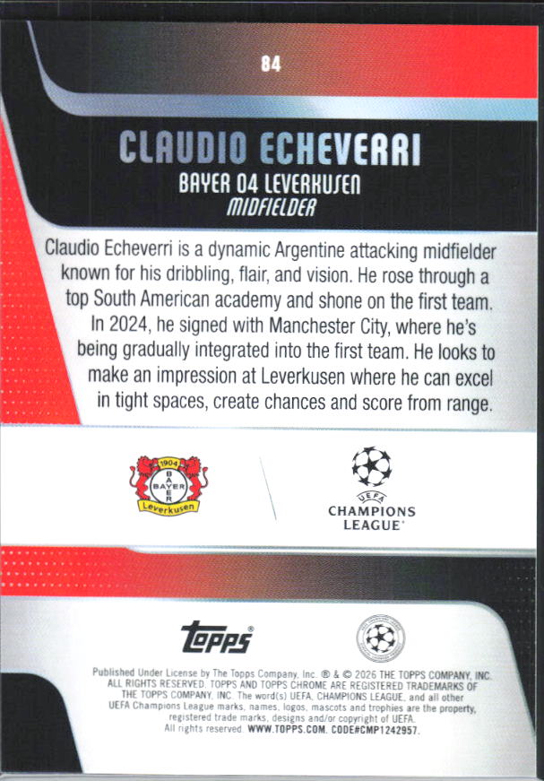 Claudio Echeverri – 2025-26 Topps Chrome UEFA Club Competitions #84 – baksida