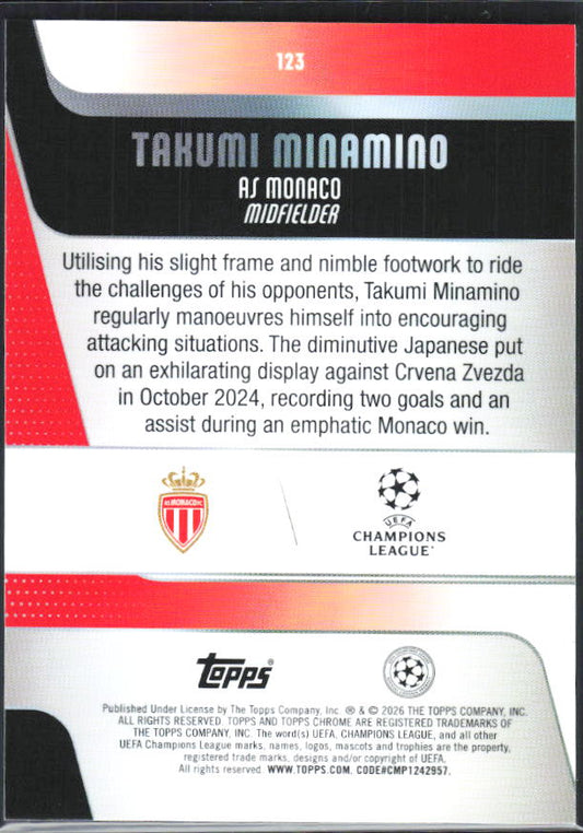 Takumi Minamino – 2025-26 Topps Chrome UEFA Club Competitions #123 – baksida