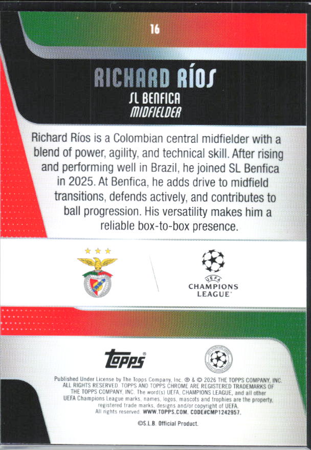 Richard Ríos – 2025-26 Topps Chrome UEFA Club Competitions #16 – baksida