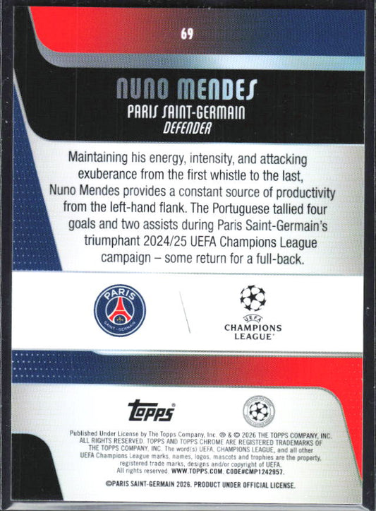 Nuno Mendes – 2025-26 Topps Chrome UEFA Club Competitions #69 – baksida
