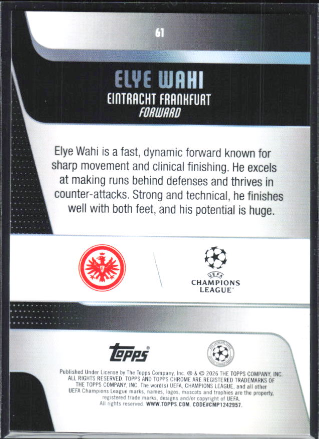 Elye Wahi – 2025-26 Topps Chrome UEFA Club Competitions #61 – baksida