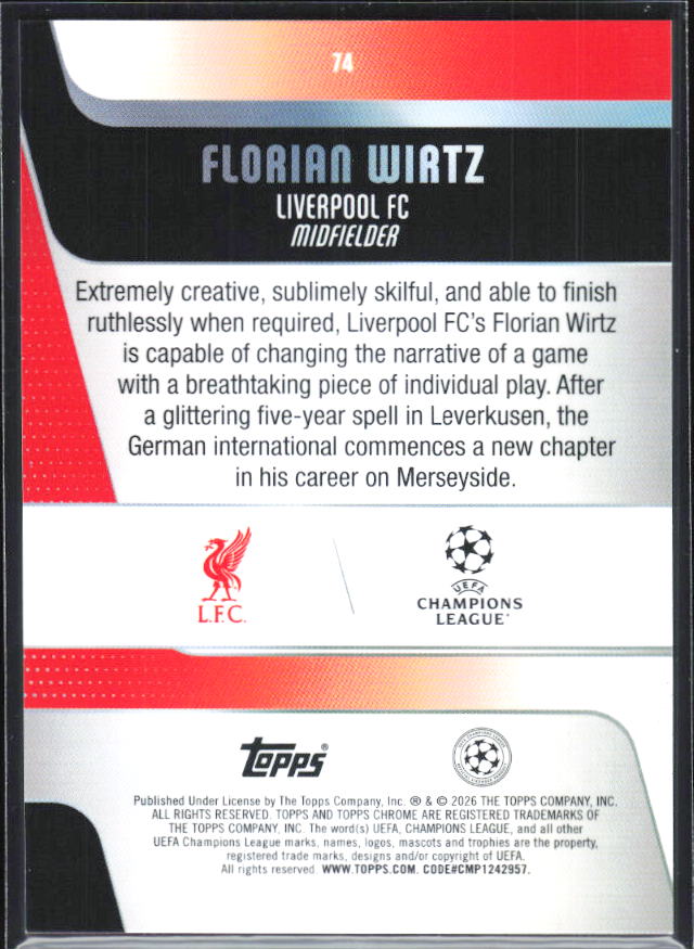 Florian Wirtz – 2025-26 Topps Chrome UEFA Club Competitions #74 – baksida
