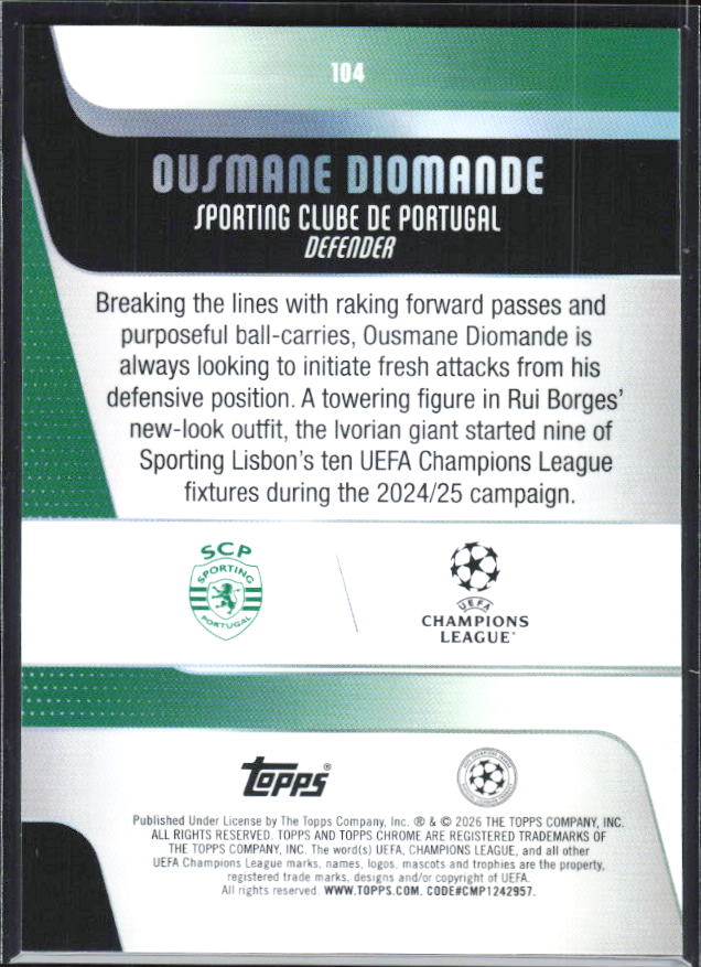 Ousmane Diomande – 2025-26 Topps Chrome UEFA Club Competitions #104 – baksida