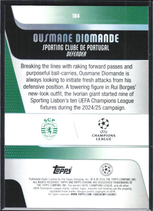 Ousmane Diomande – 2025-26 Topps Chrome UEFA Club Competitions #104 – baksida