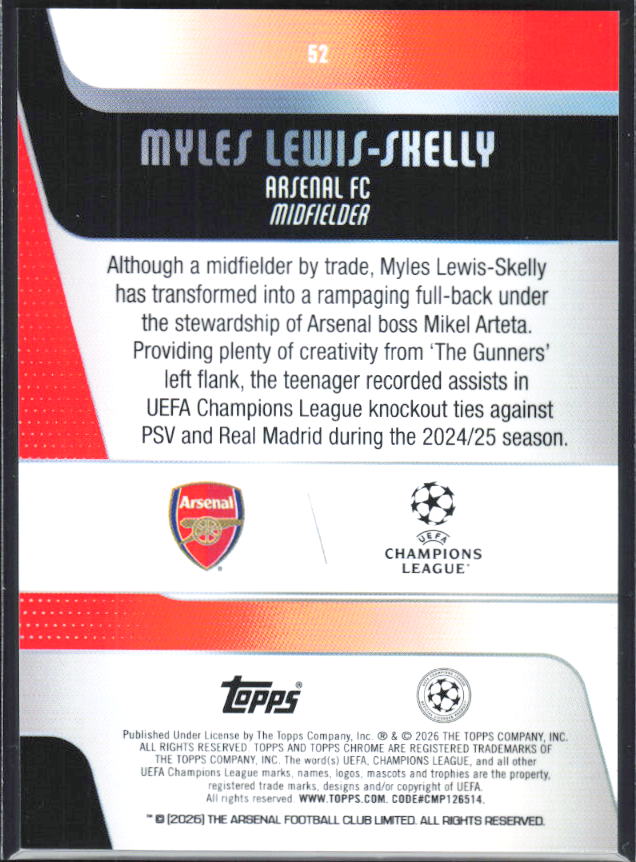 Myles Lewis-Skelly – 2025-26 Topps Chrome UEFA Club Competitions #52 – baksida