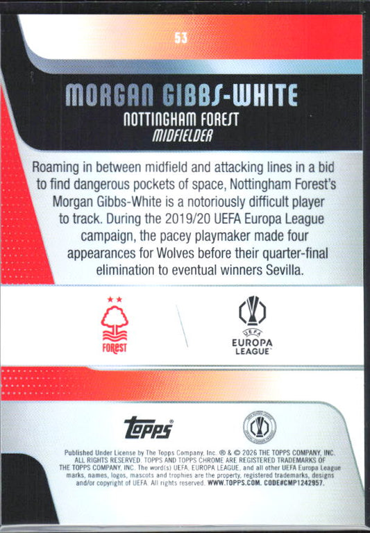Morgan Gibbs-White – 2025-26 Topps Chrome UEFA Club Competitions #53 – baksida