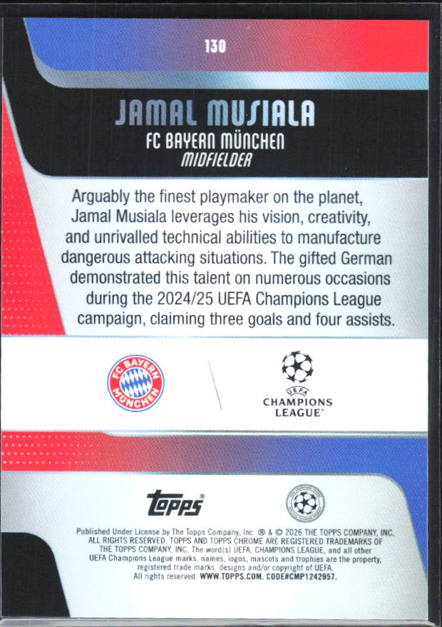 Jamal Musiala – 2025-26 Topps Chrome UEFA Club Competitions #130 – baksida