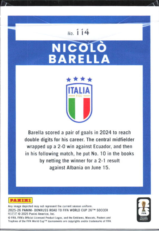 Nicolo Barella – 2025-26 Donruss Road to FIFA World Cup #114 – baksida