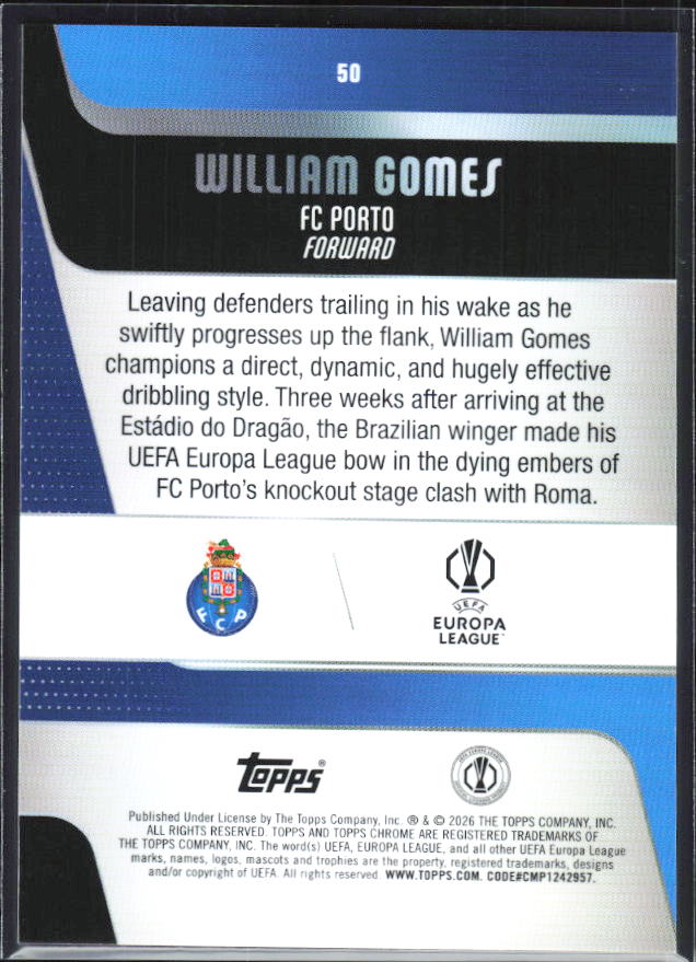 William Gomes – 2025-26 Topps Chrome UEFA Club Competitions #50 – baksida