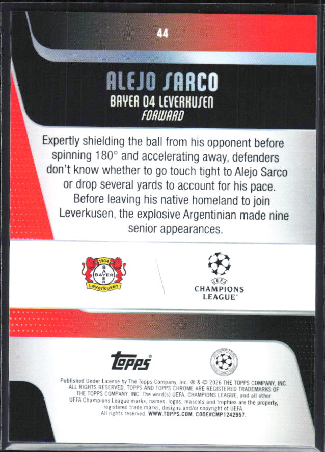 Alejo Sarco – 2025-26 Topps Chrome UEFA Club Competitions #44 – baksida