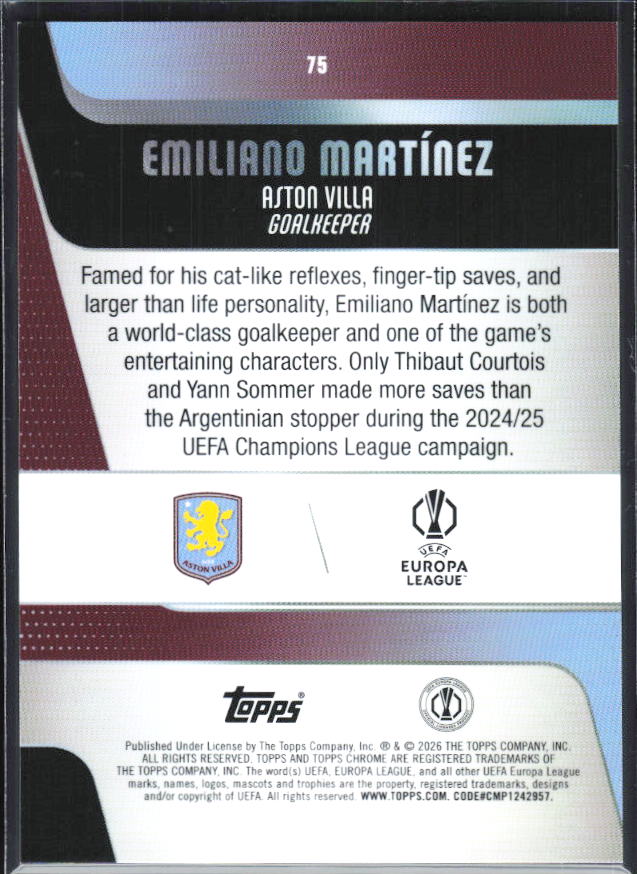 Emiliano Martínez – 2025-26 Topps Chrome UEFA Club Competitions #75 – baksida