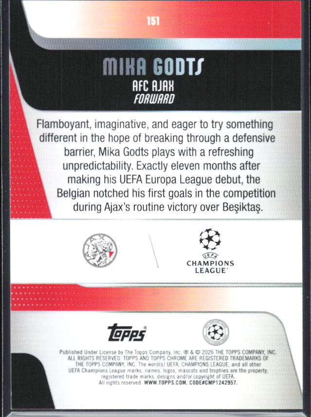 Mika Godts – 2025-26 Topps Chrome UEFA Club Competitions #151 – baksida