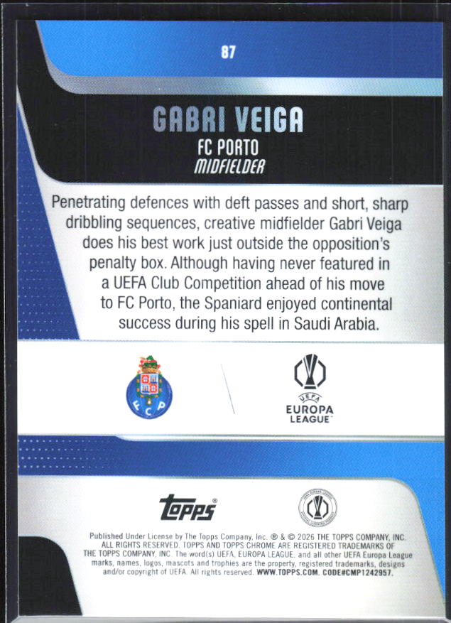 Gabri Veiga – 2025-26 Topps Chrome UEFA Club Competitions #87 – baksida