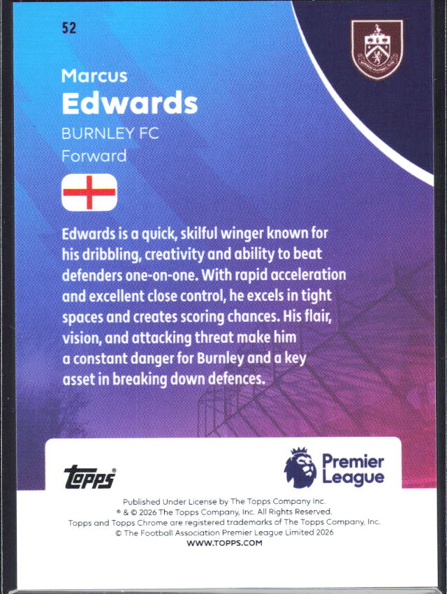 2025-26 Topps Chrome Premier League #52 Marcus Edwards Base