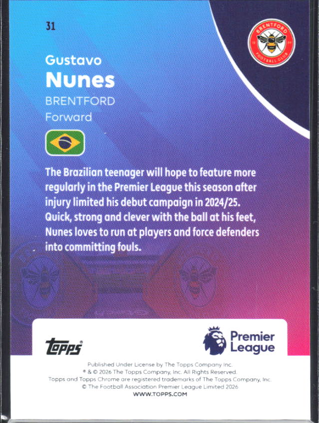 2025-26 Topps Chrome Premier League #31 Gustavo Nunes Base
