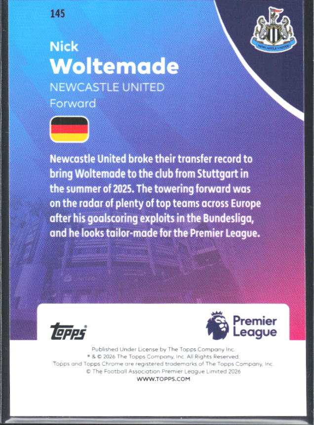 2025-26 Topps Chrome Premier League #145 Nick Woltemade Base
