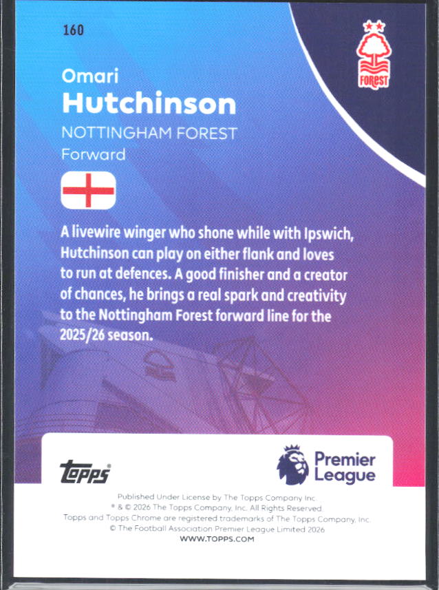 2025-26 Topps Chrome Premier League #160 Omari Hutchinson Base