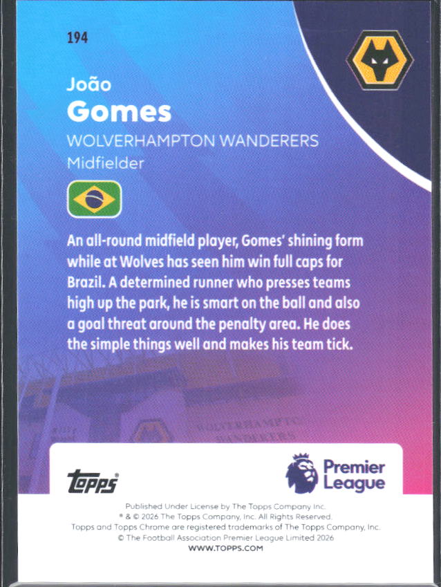 2025-26 Topps Chrome Premier League #194 João Gomes Base