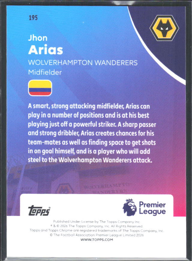 2025-26 Topps Chrome Premier League #195 Jhon Arias Base
