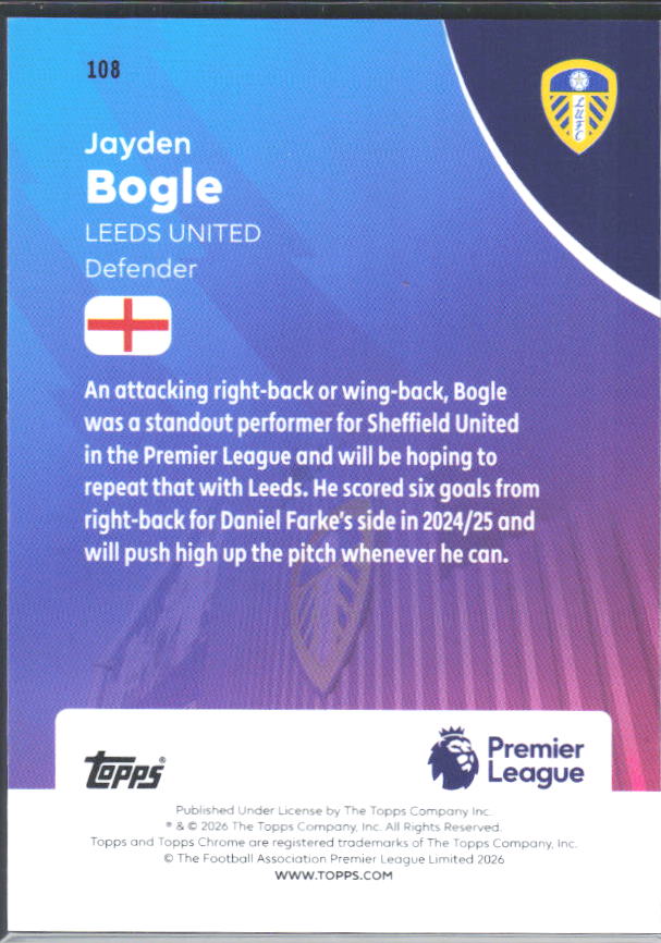 2025-26 Topps Chrome Premier League #108 Jayden Bogle Base