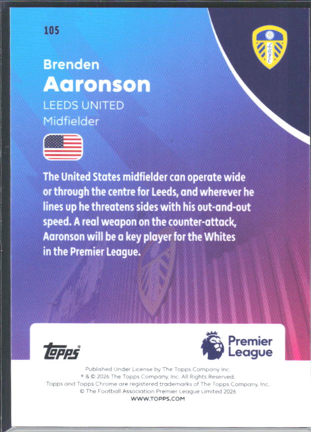 2025-26 Topps Chrome Premier League #105 Brenden Aaronson Base
