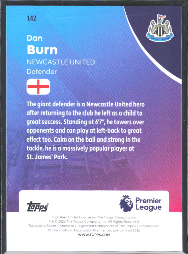 2025-26 Topps Chrome Premier League #142 Dan Burn Base