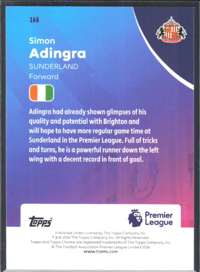 2025-26 Topps Chrome Premier League #168 Simon Adingra Base