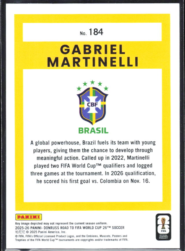 2025-26 Donruss Road to FIFA World Cup #184 Gabriel Martinelli Base