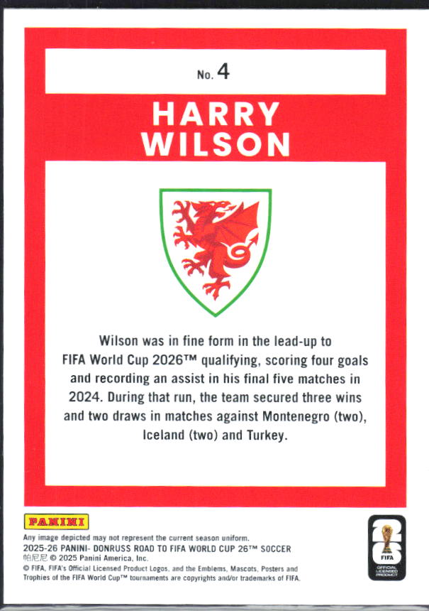2025-26 Donruss Road to FIFA World Cup #4 Harry Wilson Base