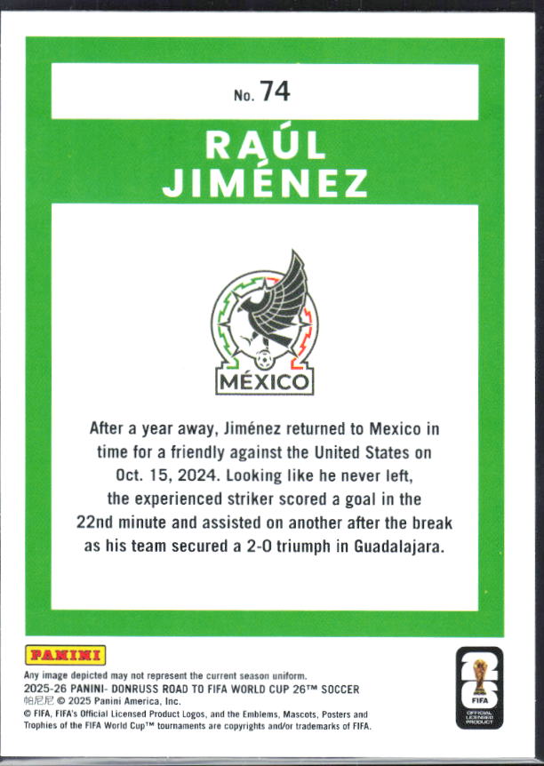 2025-26 Donruss Road to FIFA World Cup #74 Raul Jimenez Base
