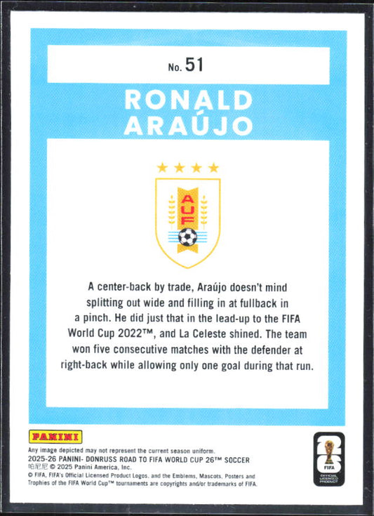 2025-26 Donruss Road to FIFA World Cup #51 Ronald Araujo Base