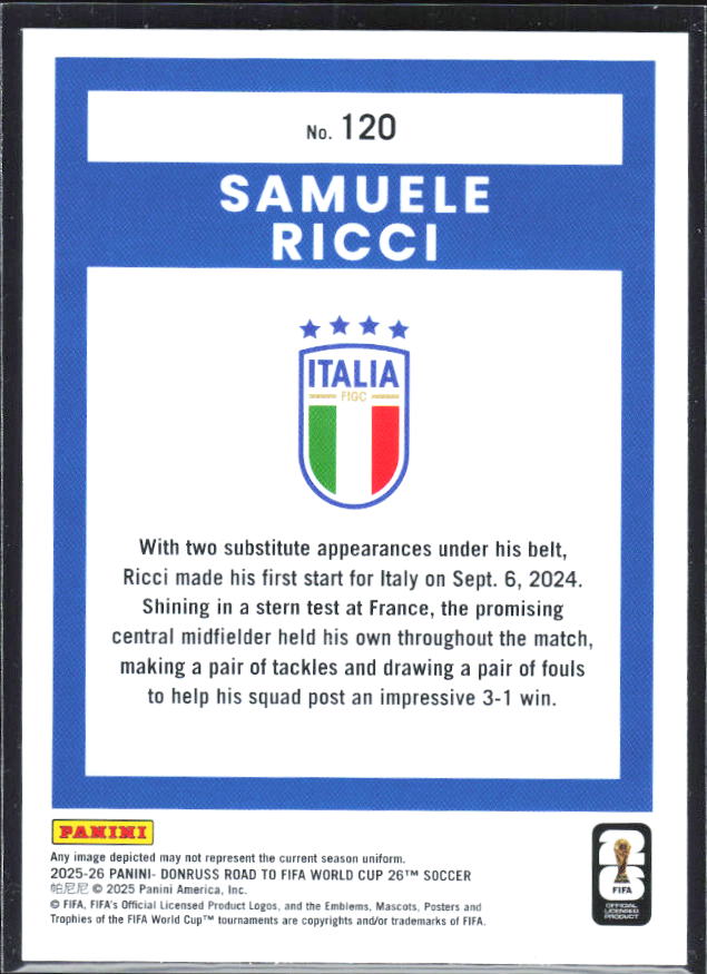 2025-26 Donruss Road to FIFA World Cup #120 Samuele Ricci Base