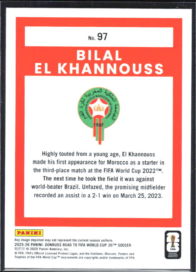 2025-26 Donruss Road to FIFA World Cup #97 Bilal El Khannouss Base