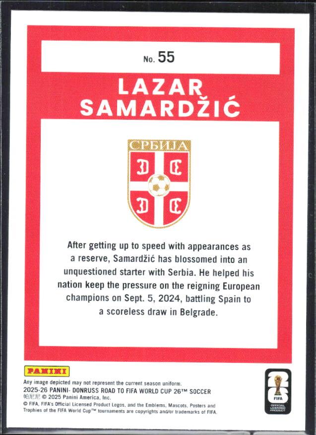 2025-26 Donruss Road to FIFA World Cup #55 Lazar Samardzic Base