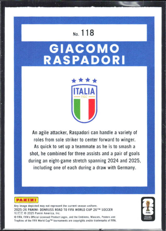 2025-26 Donruss Road to FIFA World Cup #118 Giacomo Raspadori Base