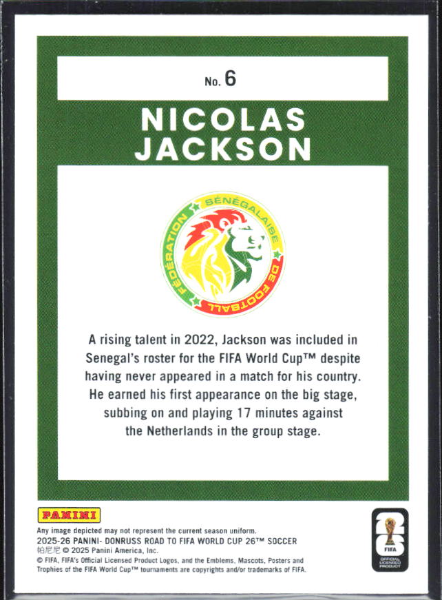 2025-26 Donruss Road to FIFA World Cup #6 Nicolas Jackson Base