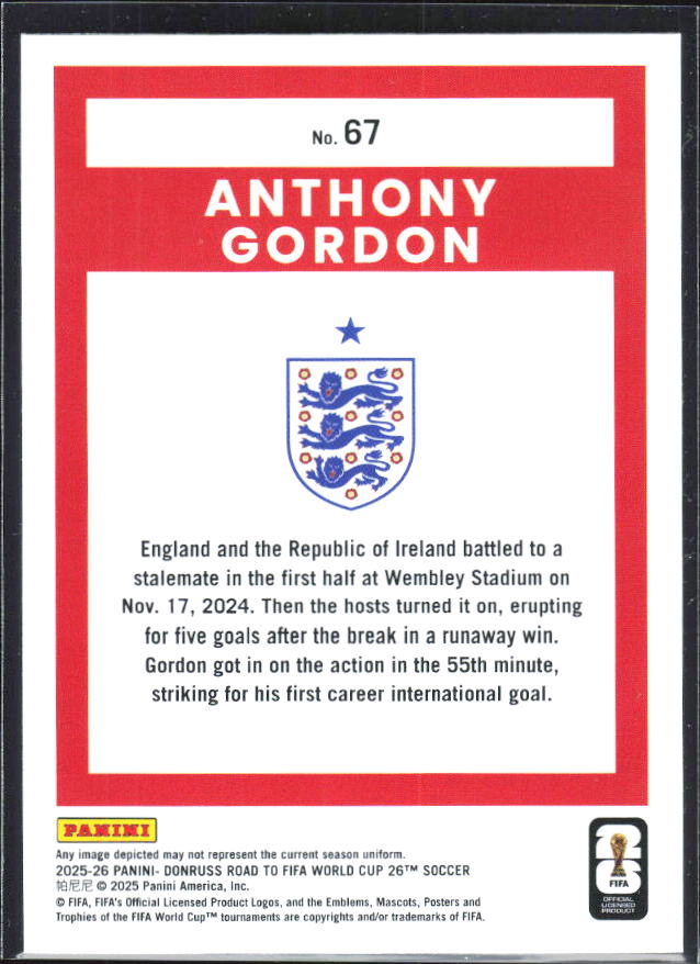 2025-26 Donruss Road to FIFA World Cup #67 Anthony Gordon Base
