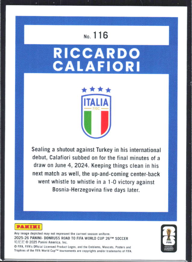 2025-26 Donruss Road to FIFA World Cup #116 Riccardo Calafiori Base