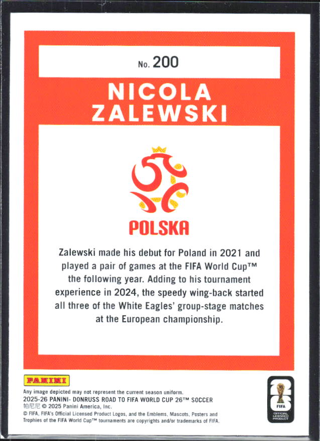 2025-26 Donruss Road to FIFA World Cup #200 Nicola Zalewski Base