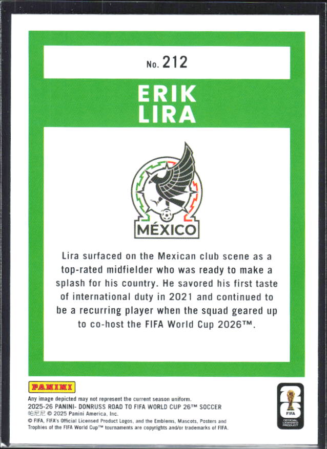 2025-26 Donruss Road to FIFA World Cup #212 Erik Lira Base