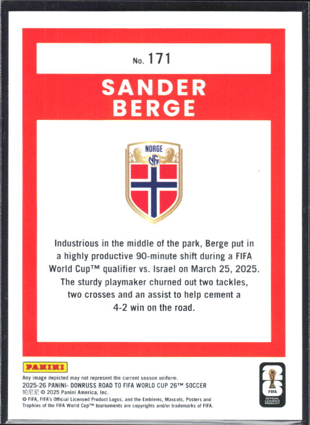 2025-26 Donruss Road to FIFA World Cup #171 Sander Berge Base