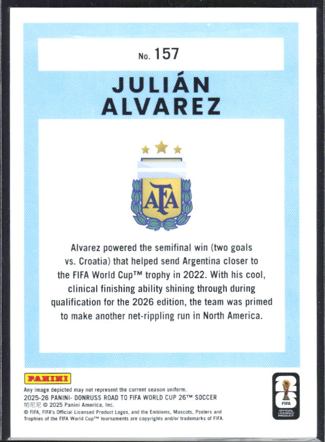 2025-26 Donruss Road to FIFA World Cup #157 Julian Alvarez Base