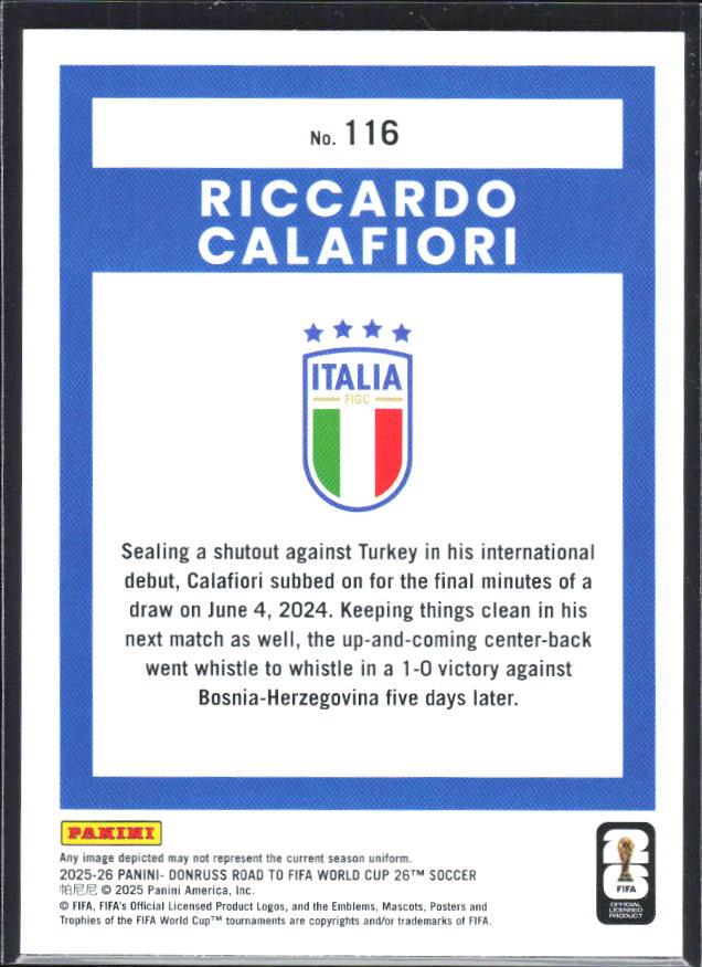 2025-26 Donruss Road to FIFA World Cup #116 Riccardo Calafiori Base